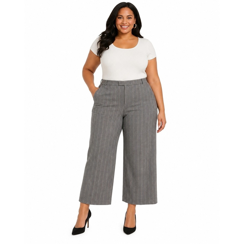 Plus-Size Gray Pinstripe Wide-Leg Pants